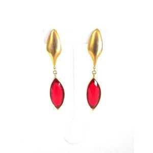GOLD TONE DROP/DANGLE RED GLASS STONE 3.3/4 "LONG CLIP-ON EARRINGS